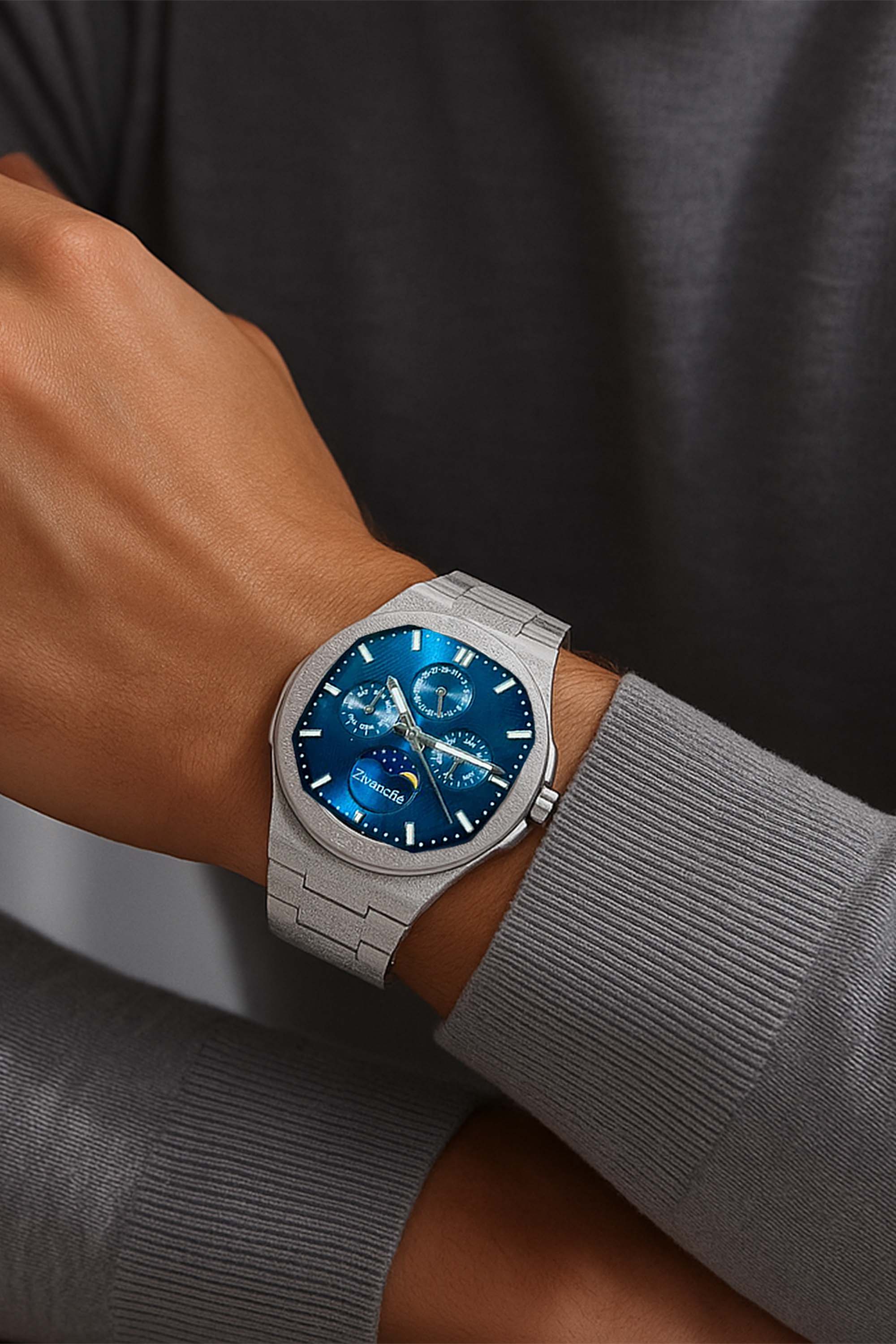 Cosmo | Silver Blue Sun & Moon Face Watch – Zivanche