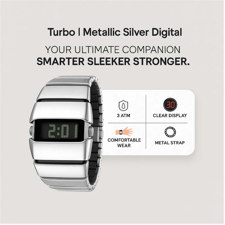 Turbo | Metallic Silver Digital Watch - (ZIVRETBMTSLVDIG0029)