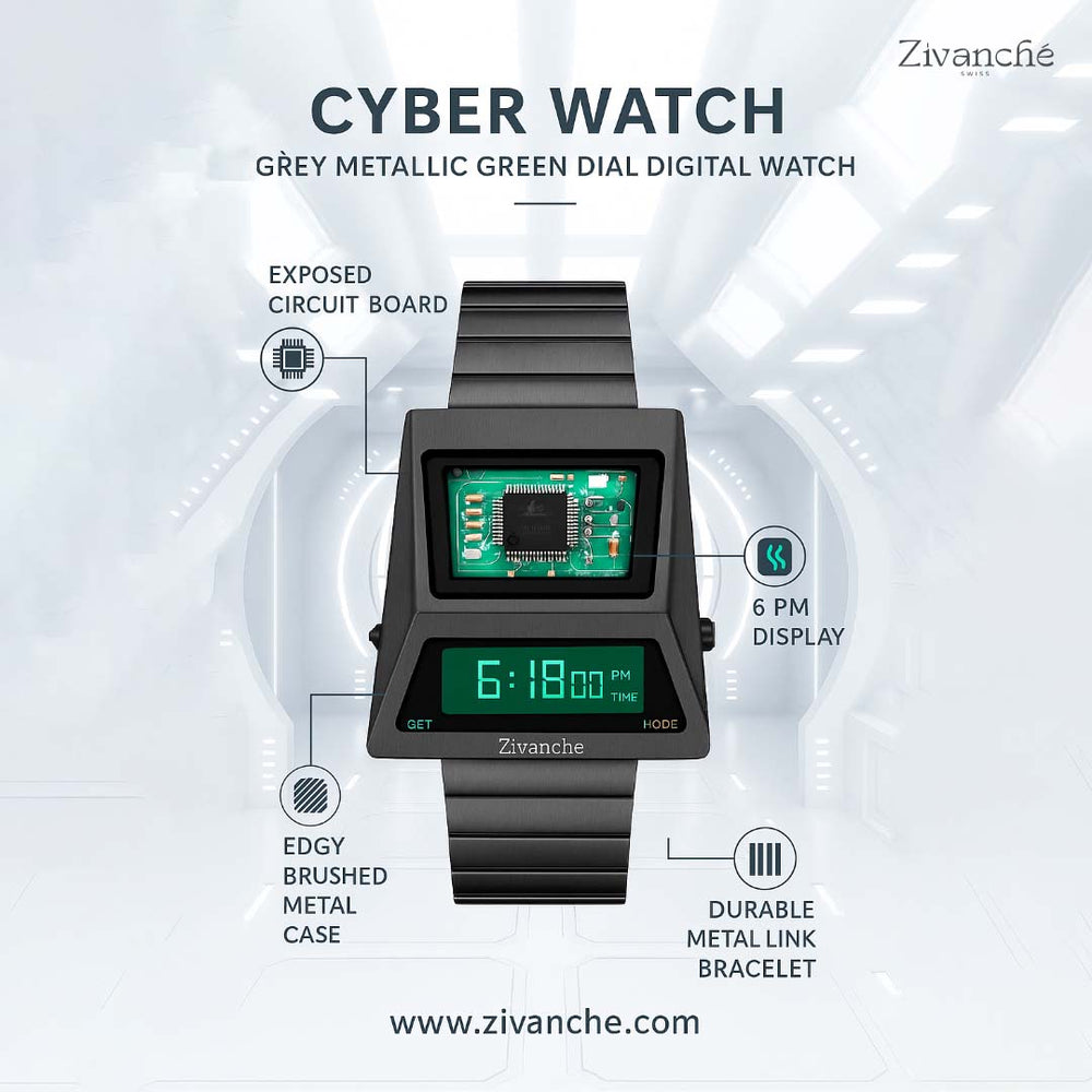 Cyber Watch | Grey Metallic Green Dial Digital Watch (44219692)