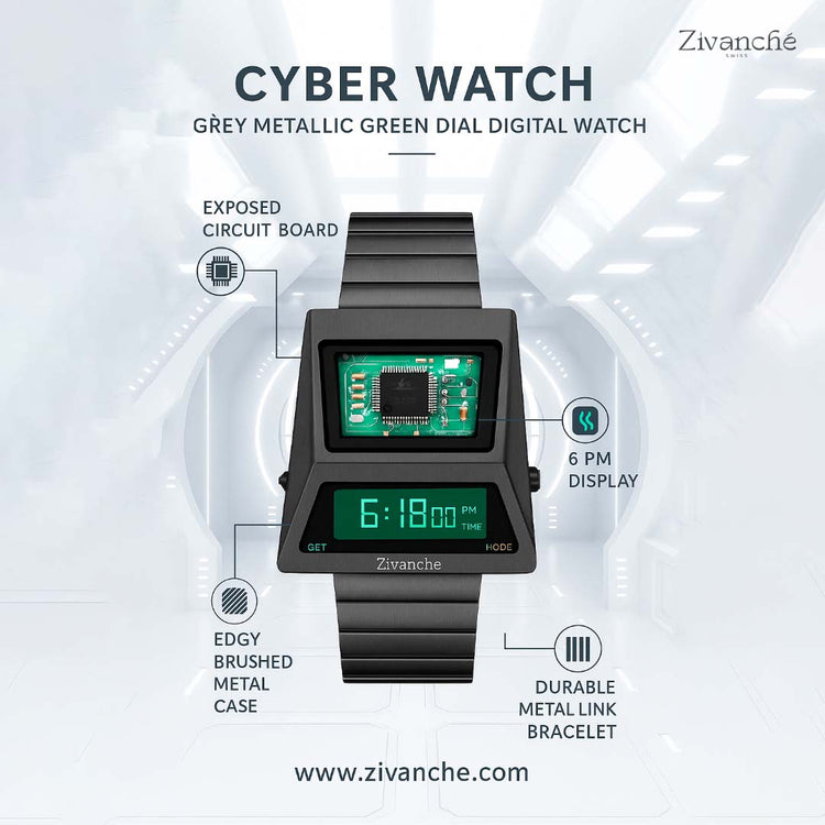 Cyber Watch | Grey Metallic Green Dial Digital Watch (44219692)