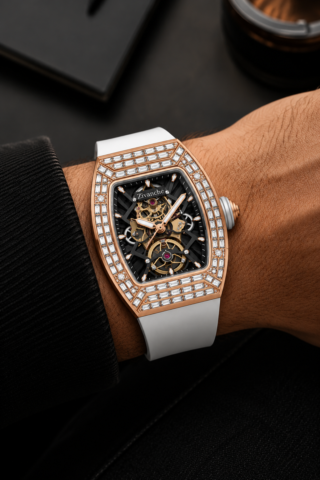 Gemstone Edition Luxury Skeleton Zivanche  Watch - Rosegold & White