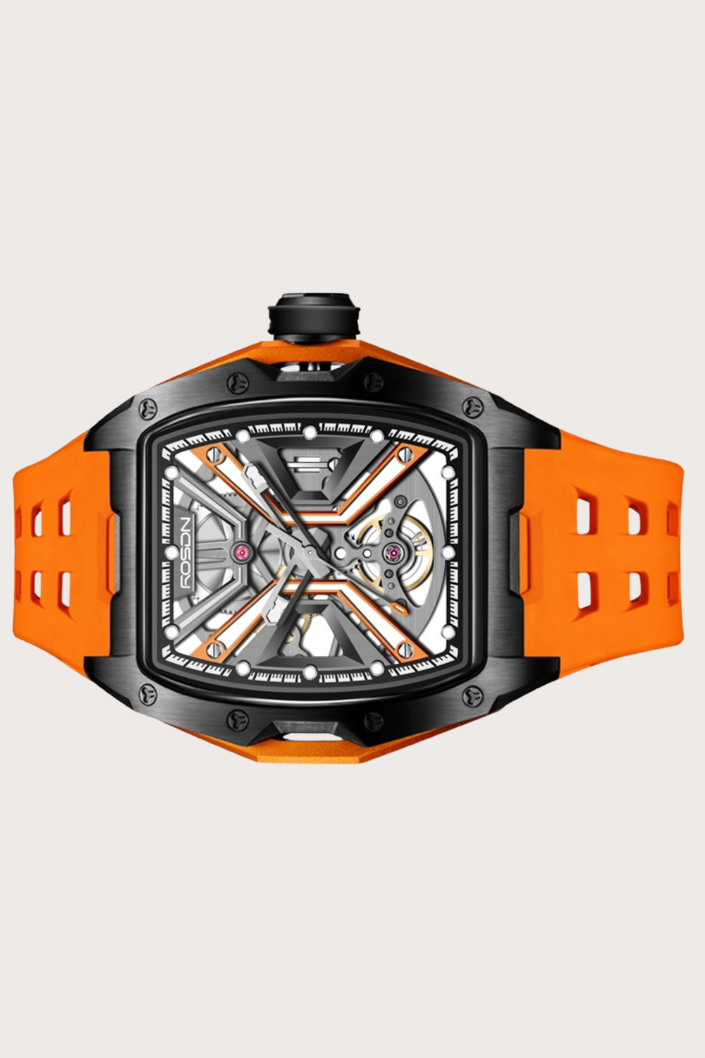 Luxury Orange G2710 Series High Quality Barrel Shape Silicone Band Automatic Mechanical ROSDN Watch