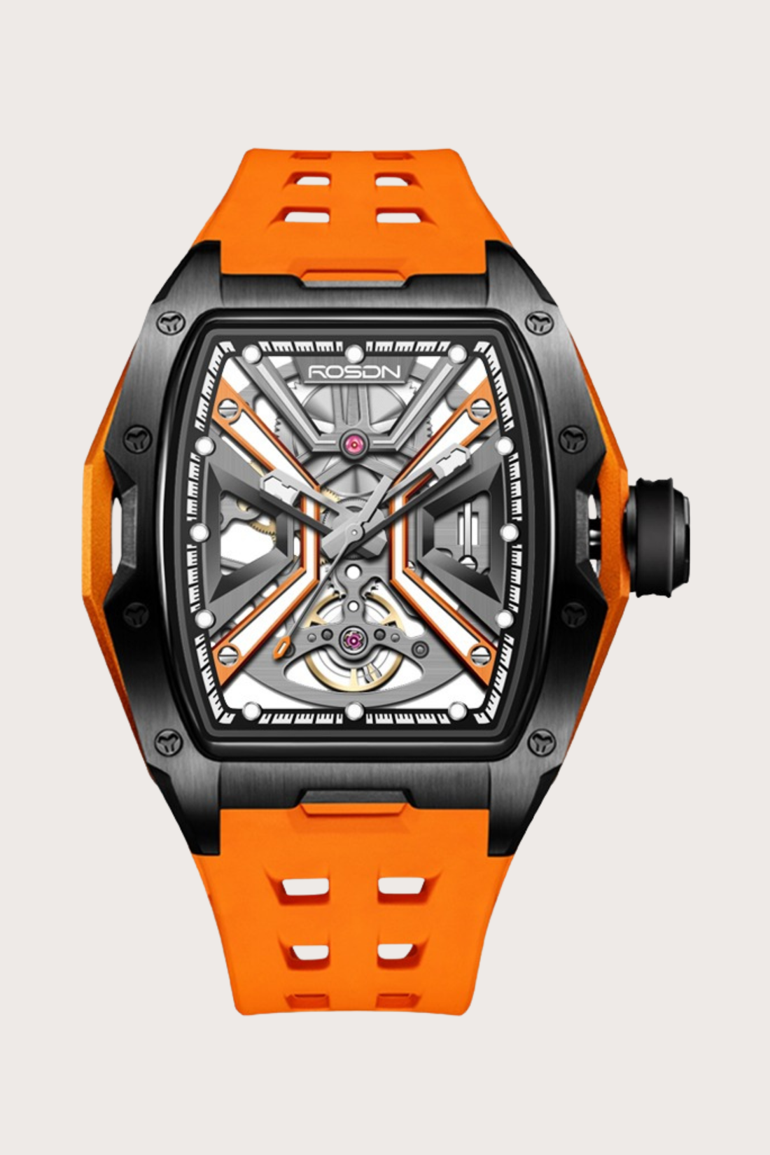 Luxury Orange G2710 Series High Quality Barrel Shape Silicone Band Automatic Mechanical ROSDN Watch