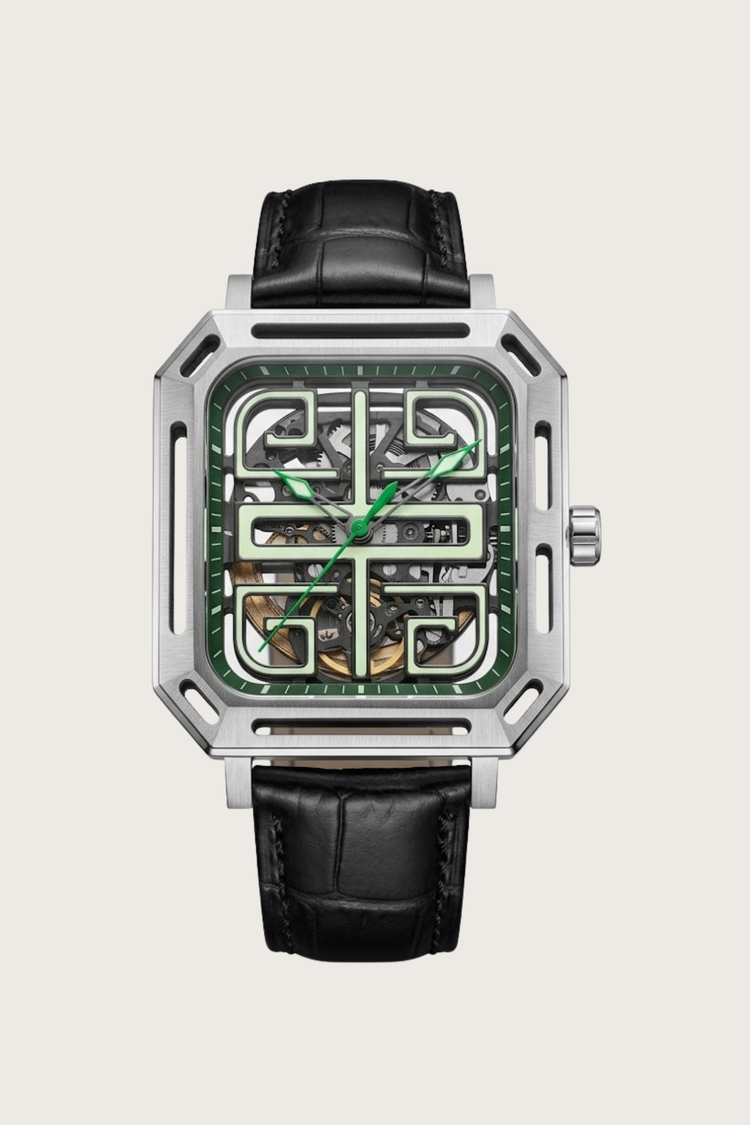 Zivanche Emerald Skeleton Square Frame Leather Watch