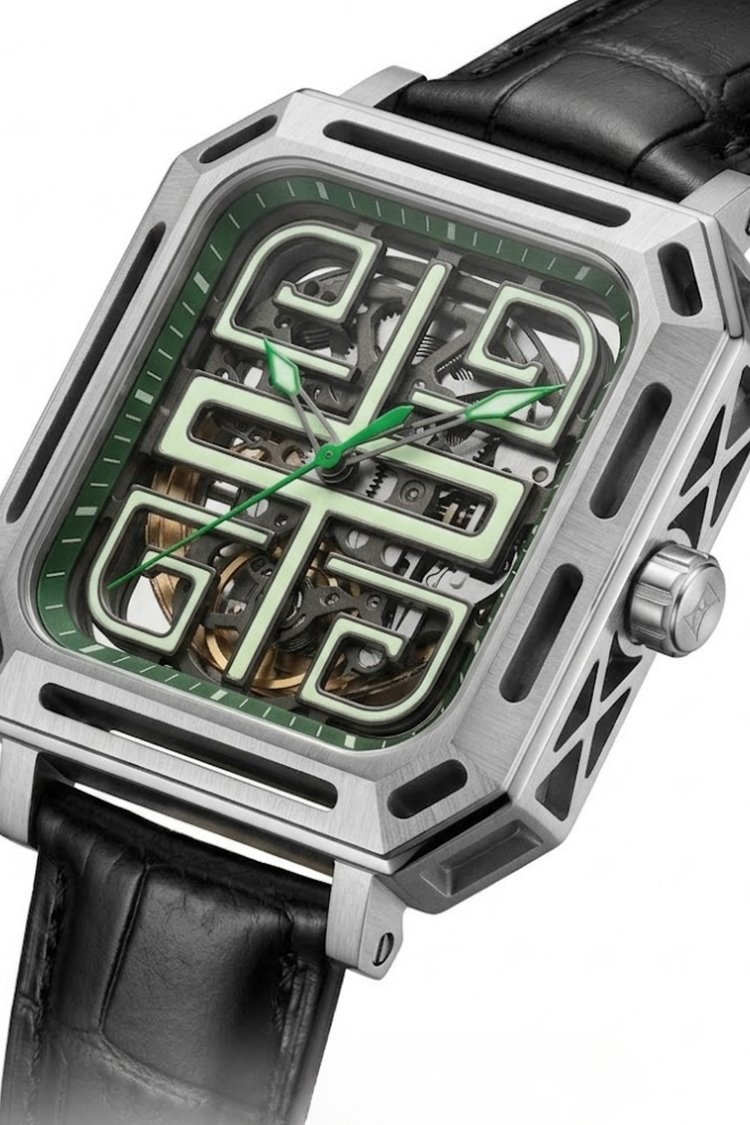 Zivanche Emerald Skeleton Square Frame Leather Watch