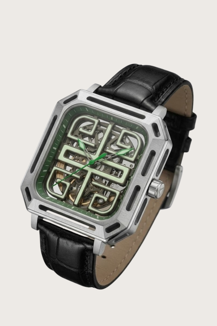Zivanche Emerald Skeleton Square Frame Leather Watch