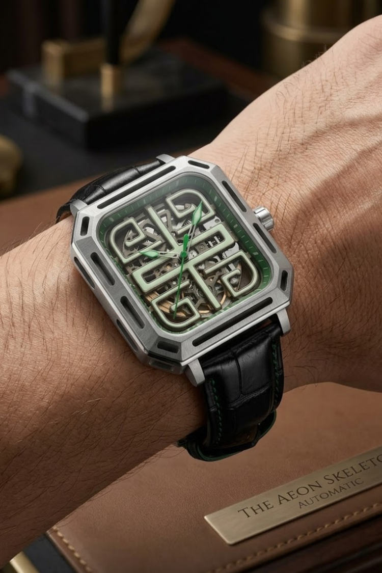 Zivanche Emerald Skeleton Square Frame Leather Watch