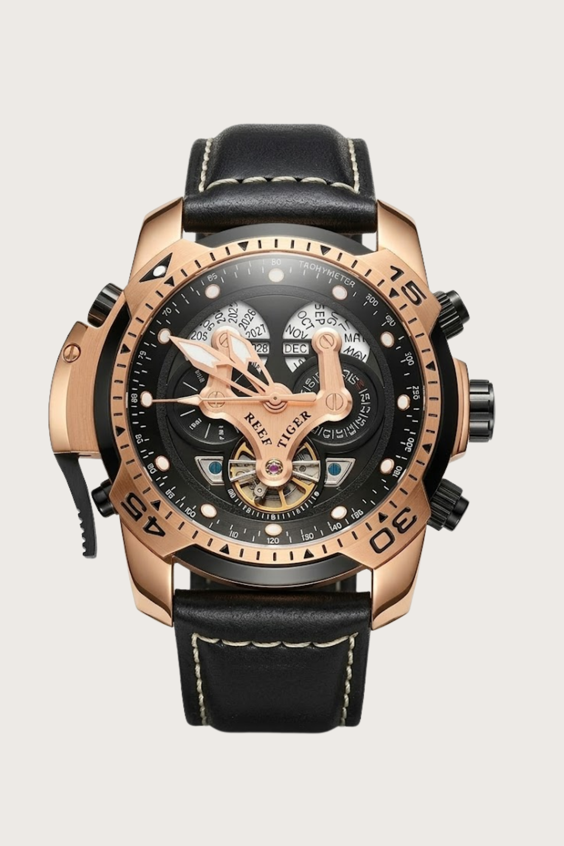 Luxury Rose Gold Black Multi-Function Skeleton Dial Leather Strap Watch