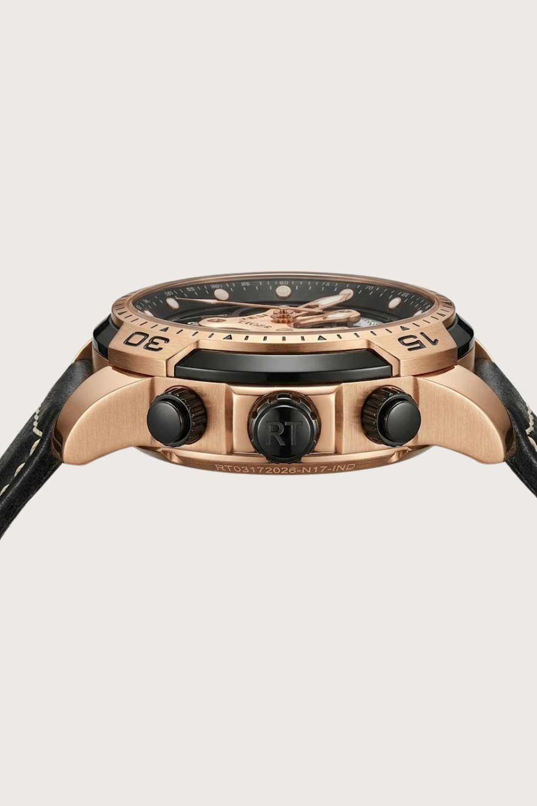Luxury Rose Gold Black Multi-Function Skeleton Dial Leather Strap Watch