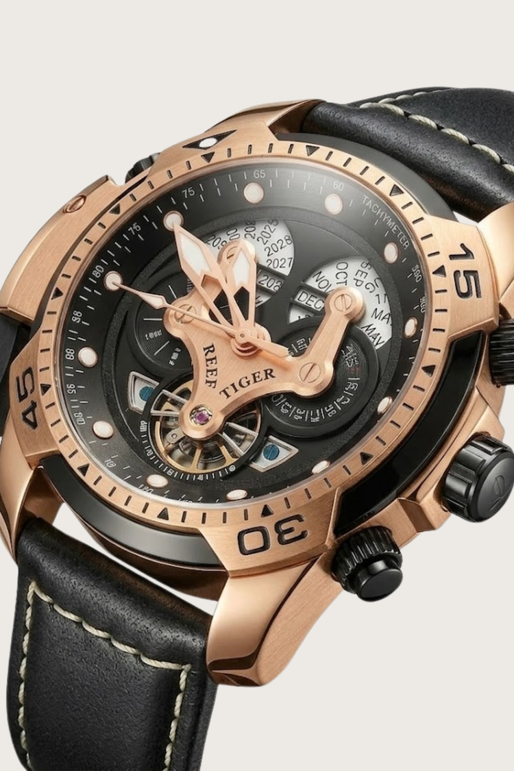 Luxury Rose Gold Black Multi-Function Skeleton Dial Leather Strap Watch