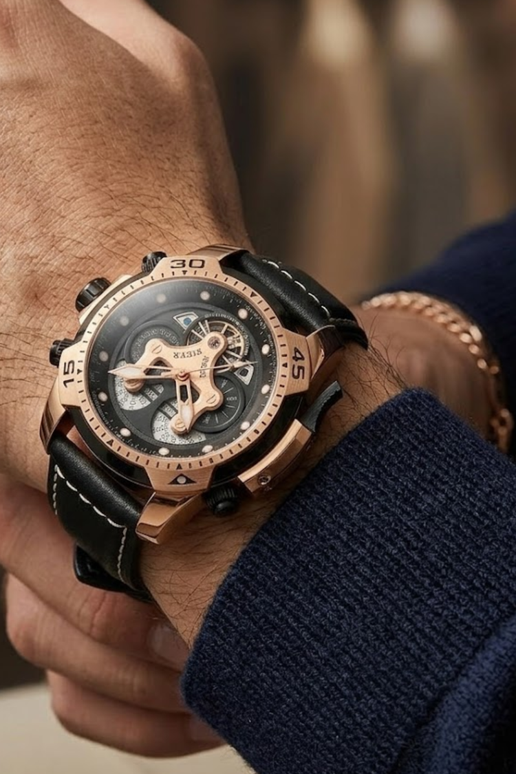 Luxury Rose Gold Black Multi-Function Skeleton Dial Leather Strap Watch