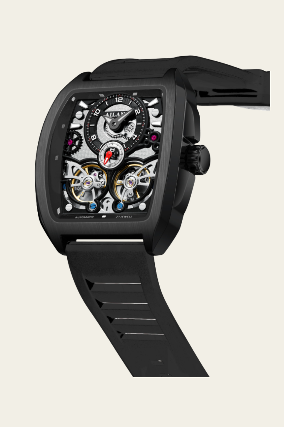 AILANG Skeleton Open-Heart Dial Black Mechanical Watch