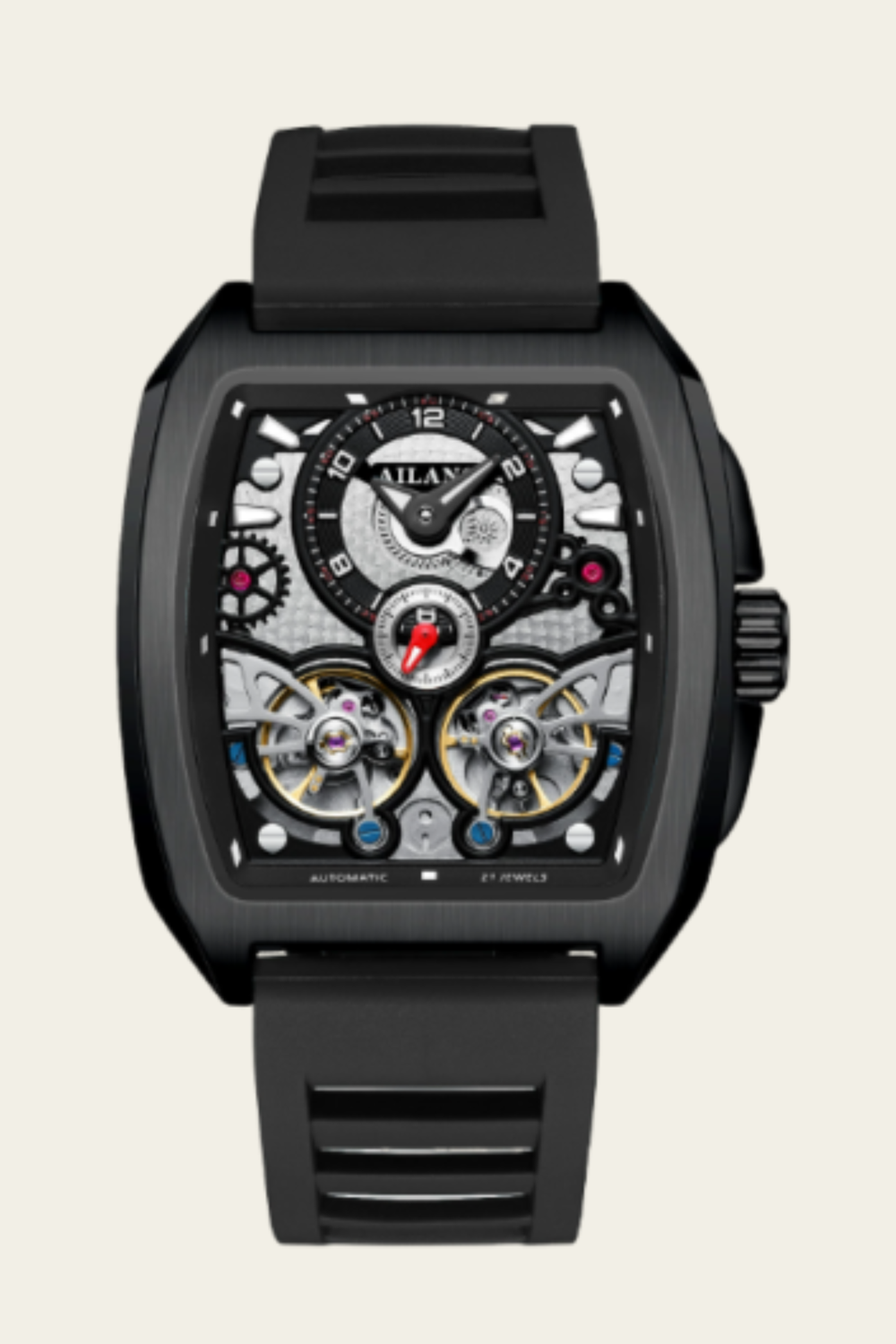 AILANG Skeleton Open-Heart Dial Black Mechanical Watch