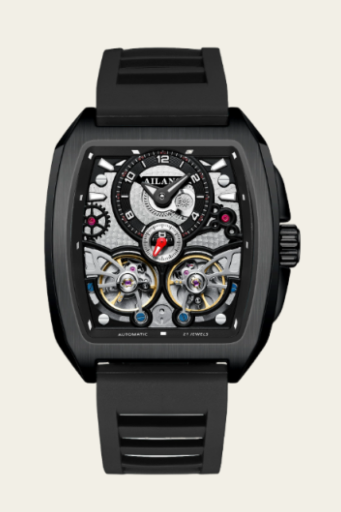 AILANG Skeleton Open-Heart Dial Black Mechanical Watch