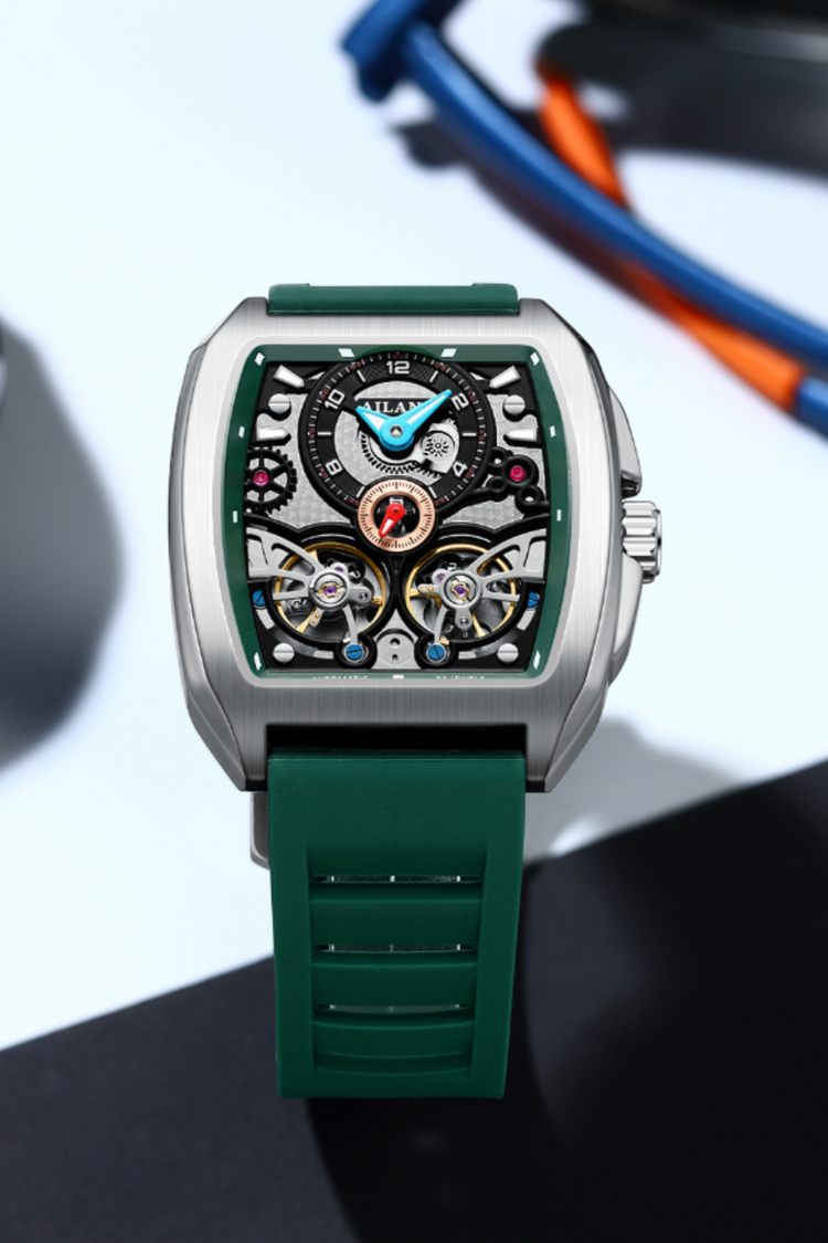 AILANG Skeleton Open-Heart Dial Green & Silver Mechanical Watch