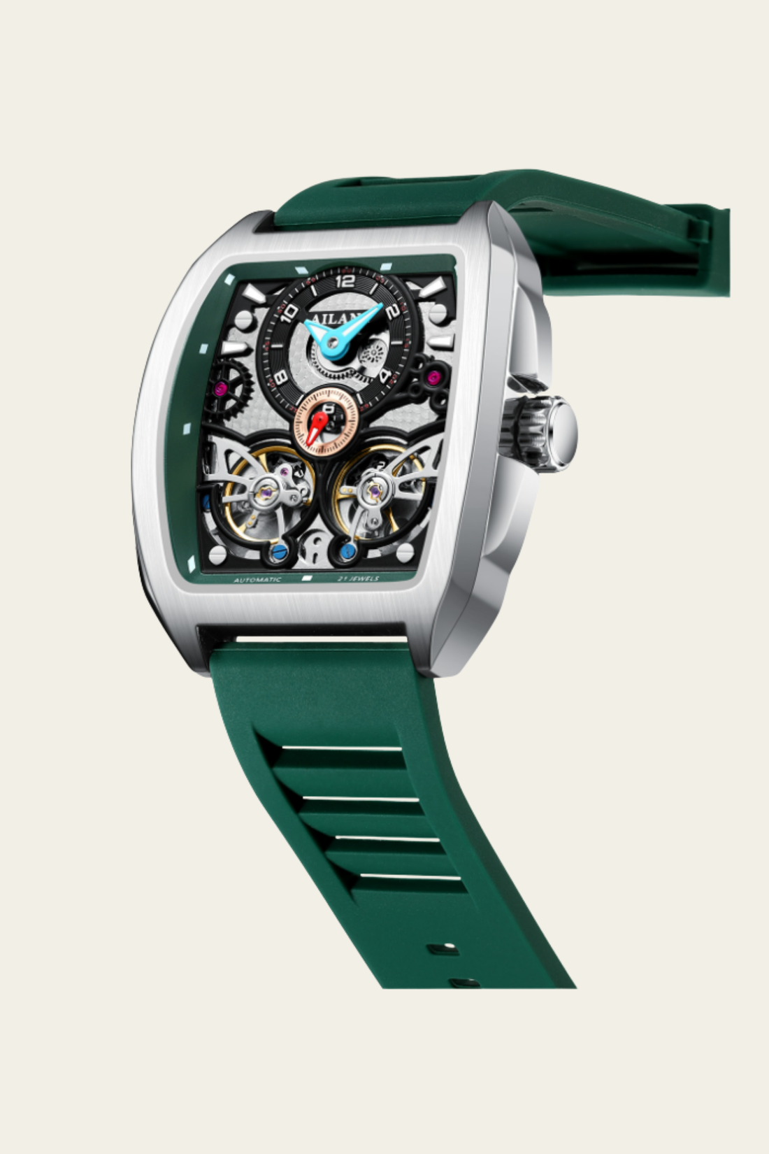 AILANG Skeleton Open-Heart Dial Green & Silver Mechanical Watch