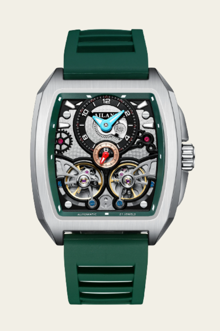 AILANG Skeleton Open-Heart Dial Green & Silver Mechanical Watch