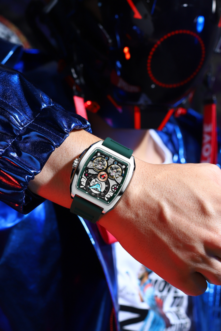 AILANG Skeleton Open-Heart Dial Green & Silver Mechanical Watch