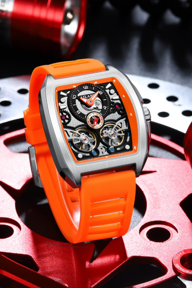 AILANG Skeleton Open-Heart Dial Orange & Silver Mechanical Watch