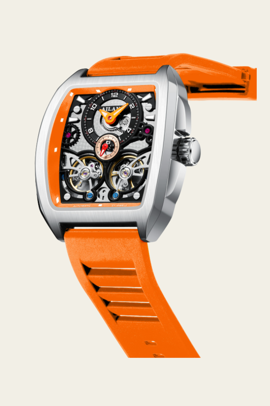 AILANG Skeleton Open-Heart Dial Orange & Silver Mechanical Watch
