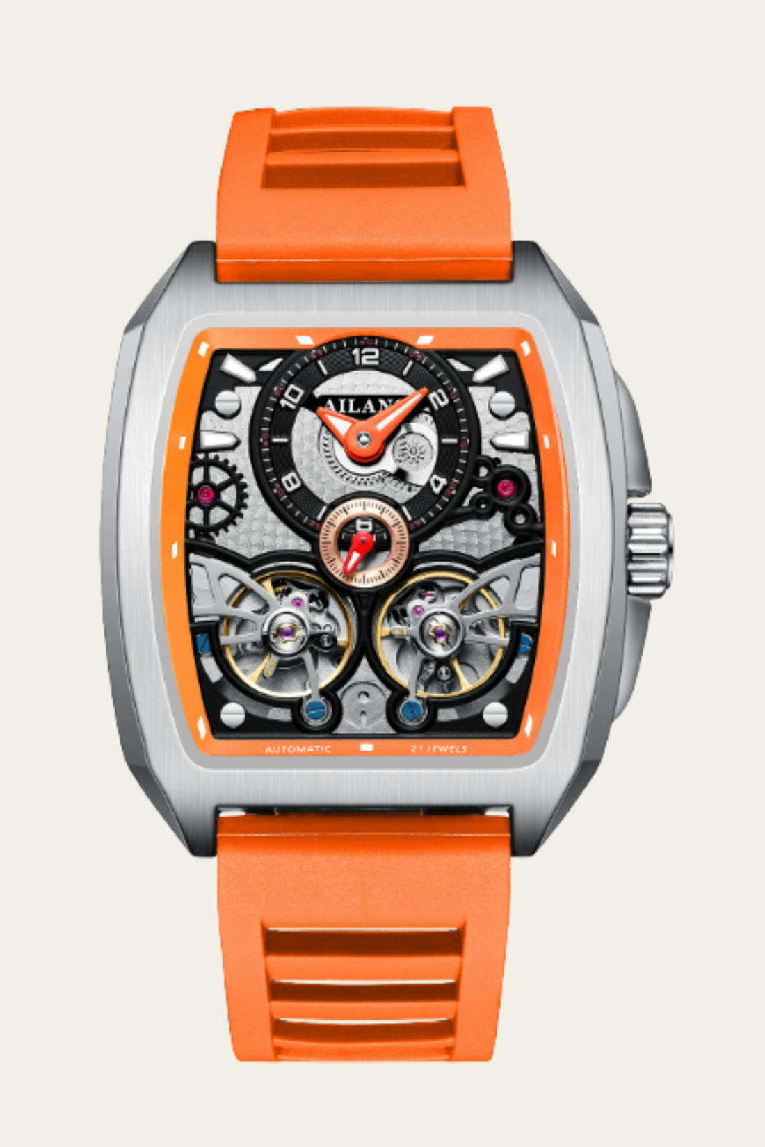 AILANG Skeleton Open-Heart Dial Orange & Silver Mechanical Watch