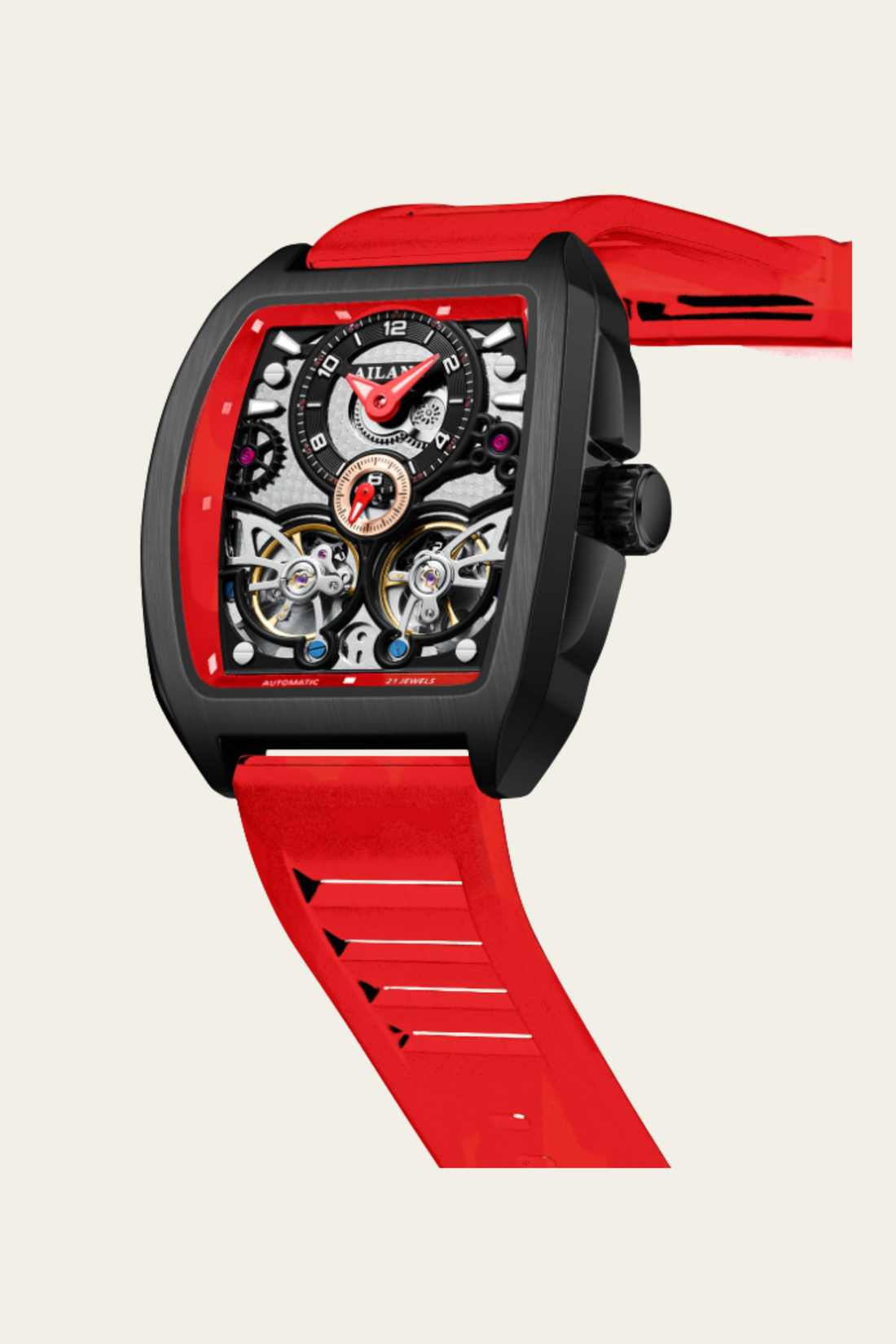 AILANG Skeleton Open-Heart Dial Red & Black Mechanical Watch