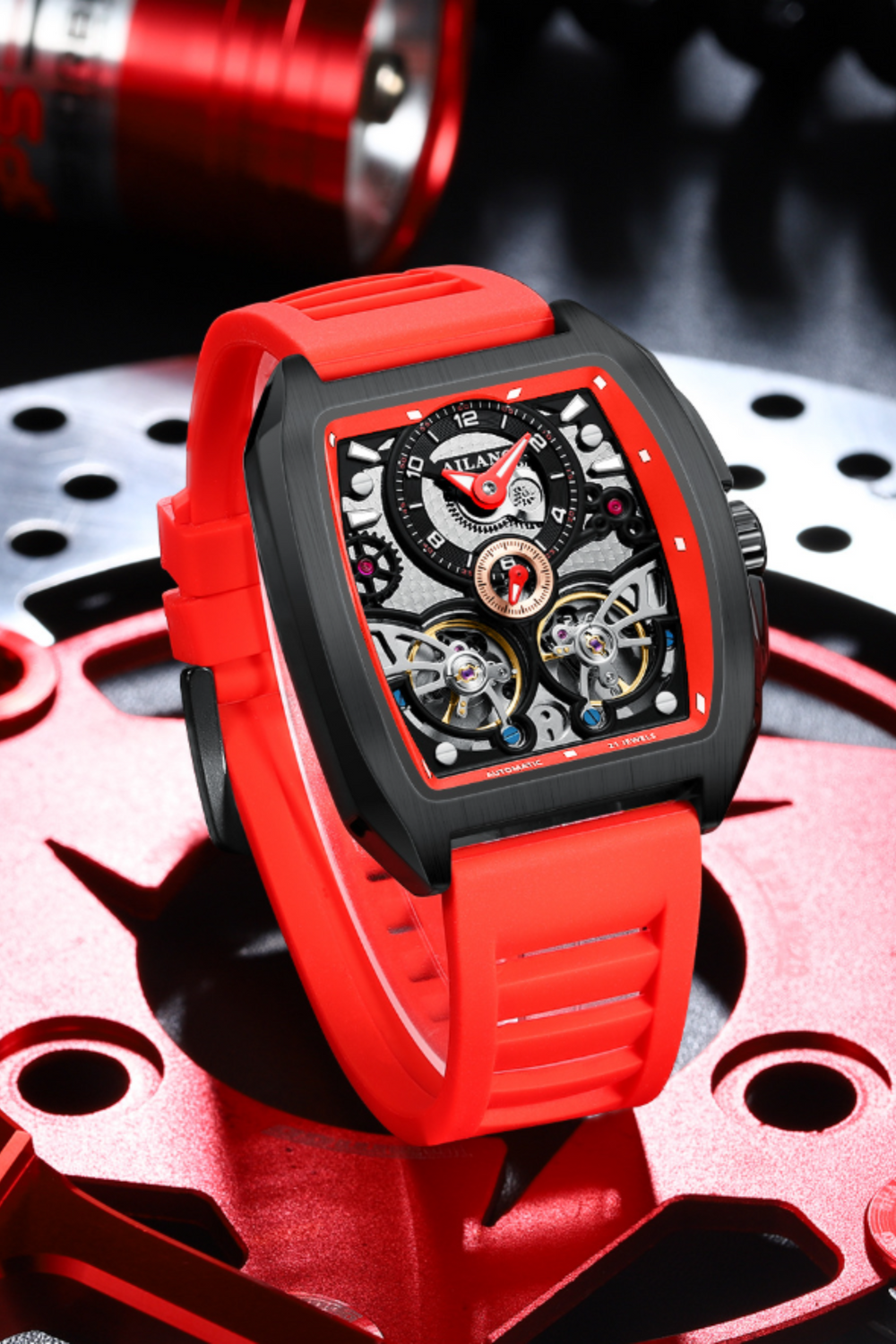 AILANG Skeleton Open-Heart Dial Red & Black Mechanical Watch