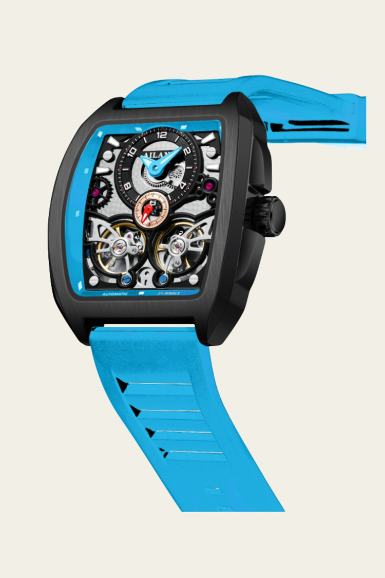 AILANG Skeleton Open-Heart Dial Sky Blue & Black Mechanical Watch
