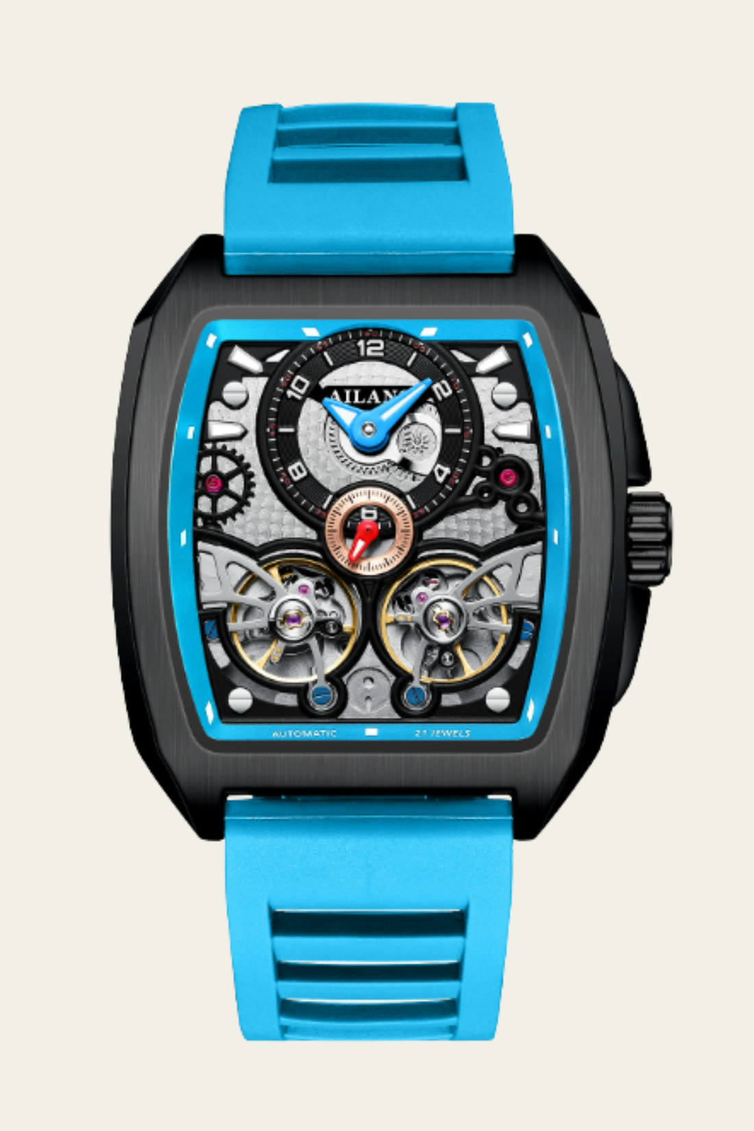 AILANG Skeleton Open-Heart Dial Sky Blue & Black Mechanical Watch