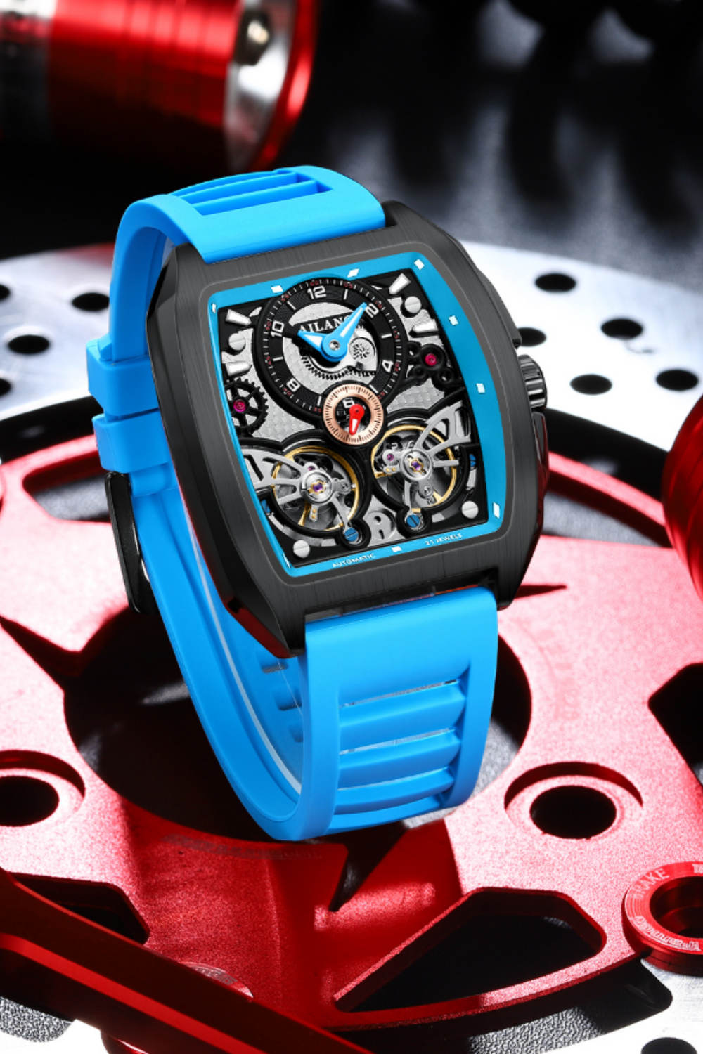 AILANG Skeleton Open-Heart Dial Sky Blue & Black Mechanical Watch