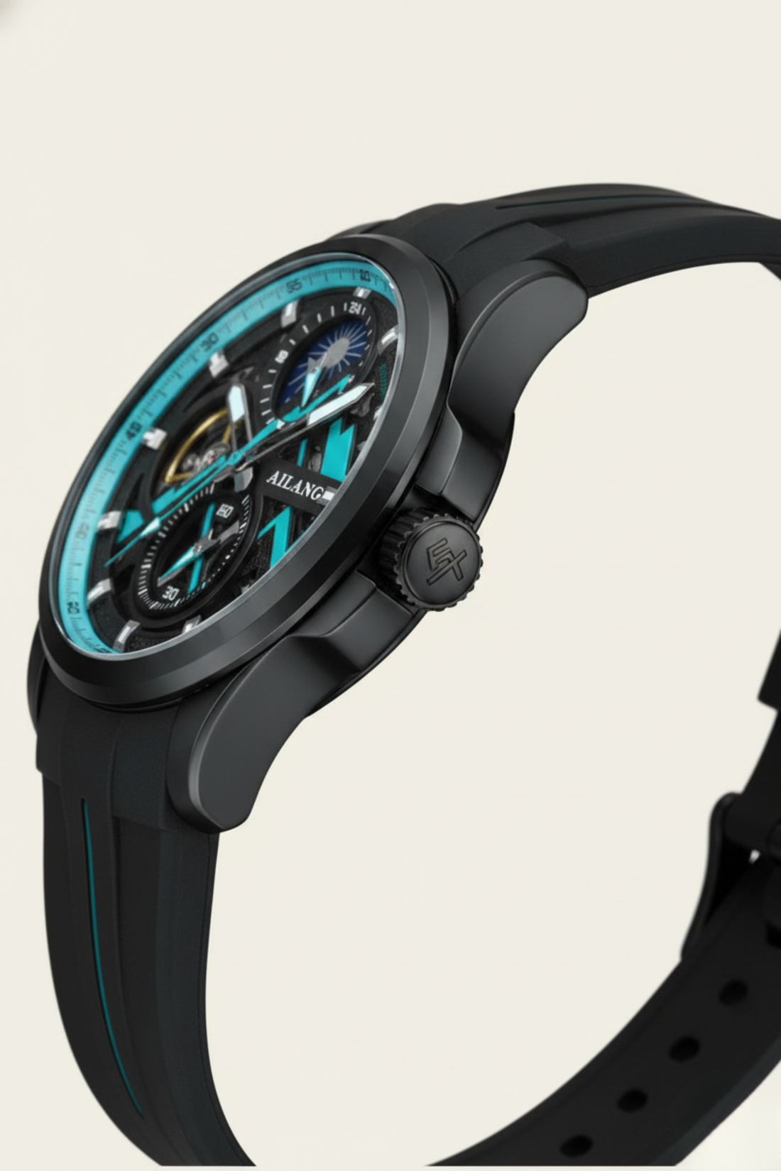 AILANG Turbo X Skeleton Black & Turquoise Blue Mechanical Watch