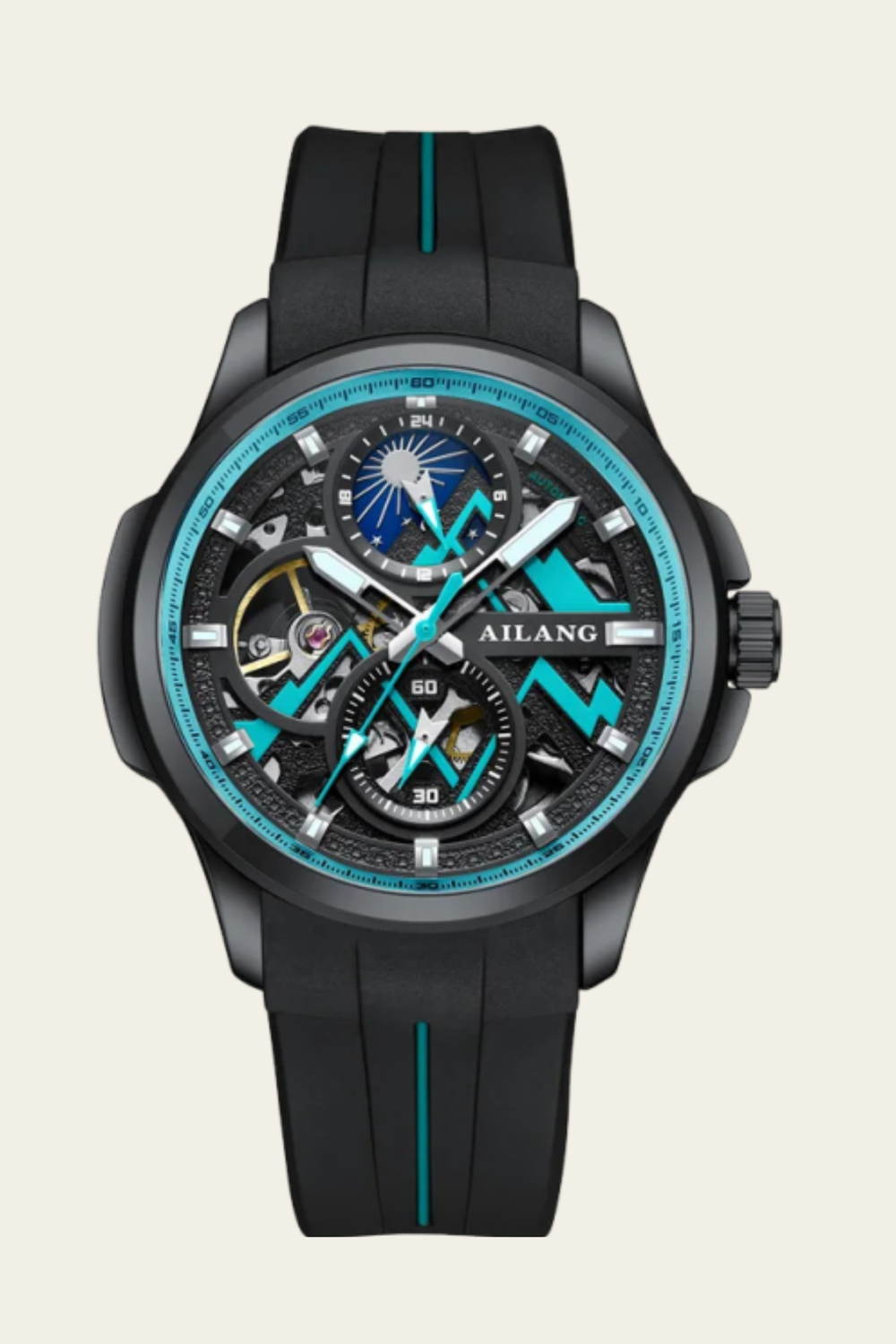 AILANG Turbo X Skeleton Black & Turquoise Blue Mechanical Watch
