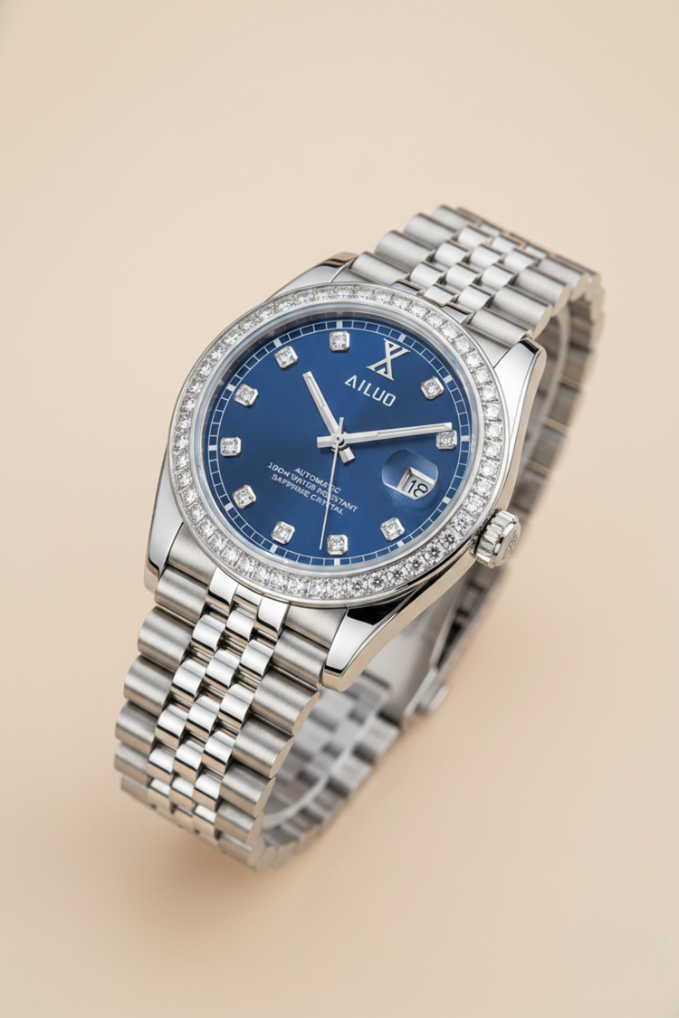 Ailuo Ocean Crest | Blue Silver Automatic Diamond Watch