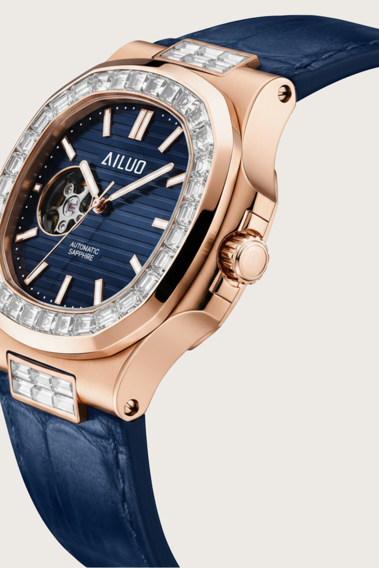 Ailuo Royal Azure | Rose Gold Blue Automatic Open-Heart Watch