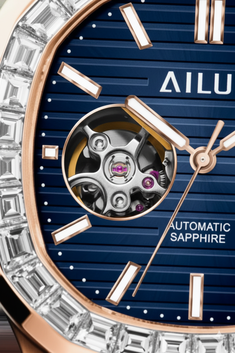Ailuo Royal Azure | Rose Gold Blue Automatic Open-Heart Watch