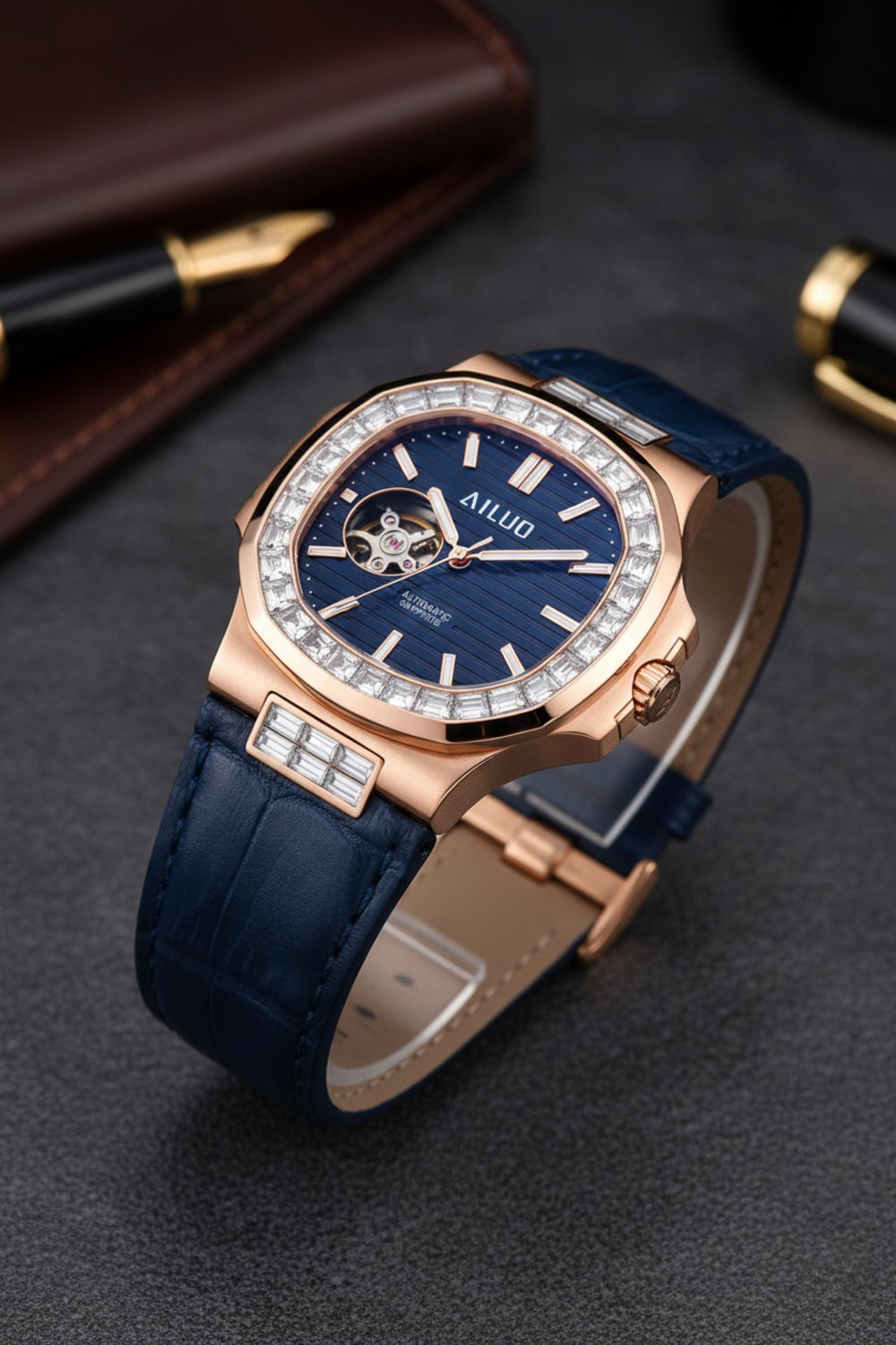 Ailuo Royal Azure | Rose Gold Blue Automatic Open-Heart Watch