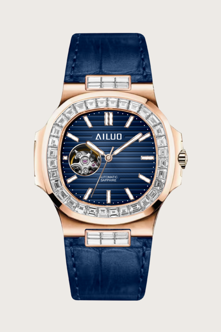 Ailuo Royal Azure | Rose Gold Blue Automatic Open-Heart Watch