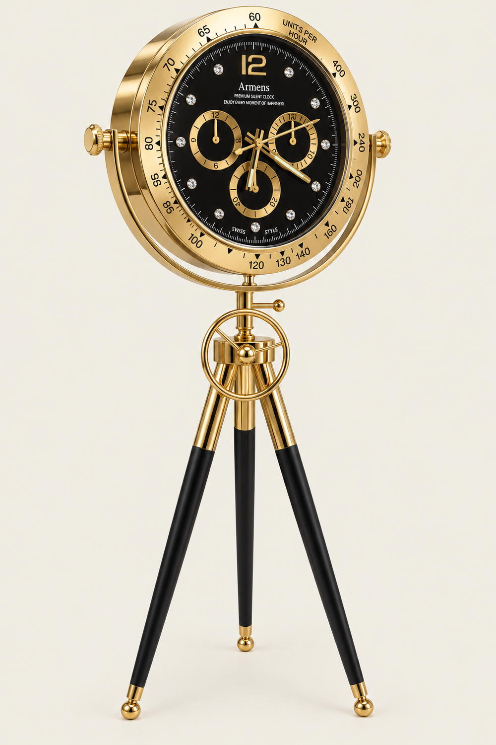 Tachymeter Black & Gold Luxury Tripod Floor Clock