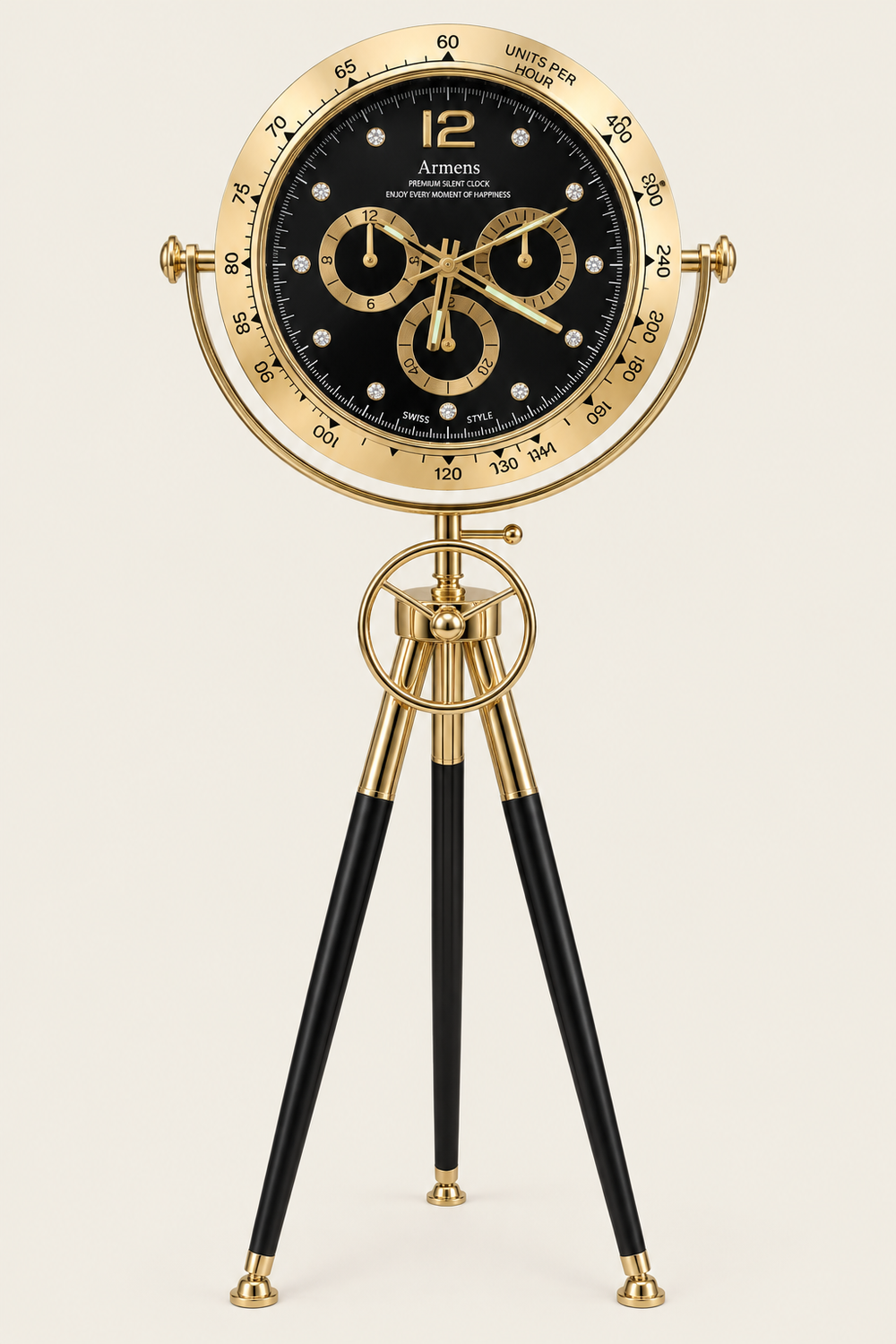 Tachymeter Black & Gold Luxury Tripod Floor Clock