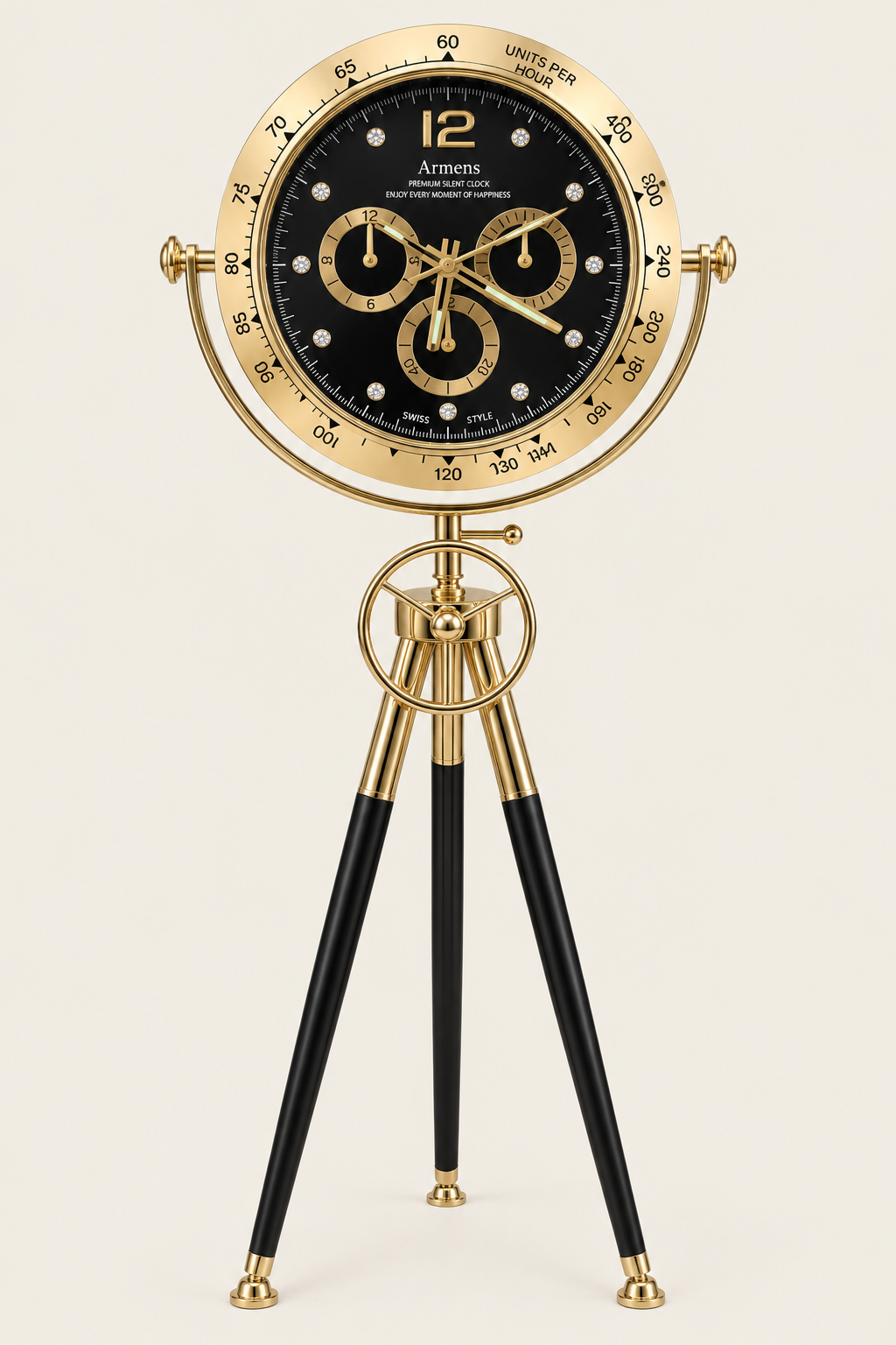 Tachymeter Black & Gold Luxury Tripod Floor Clock