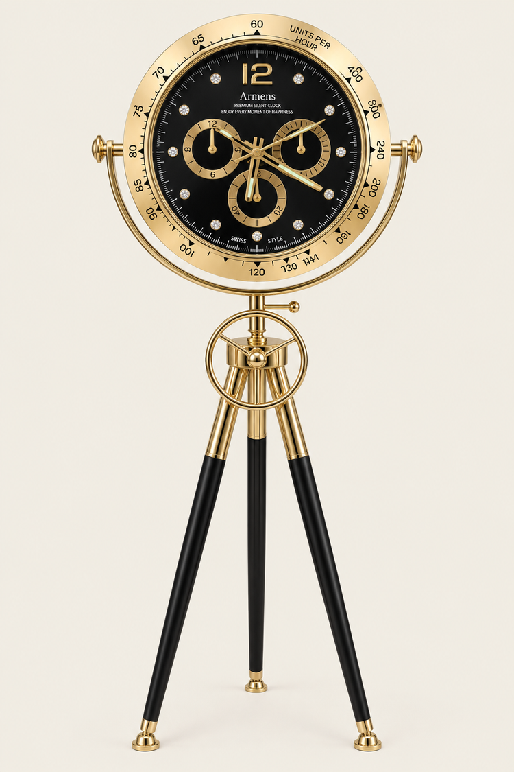 Tachymeter Black & Gold Luxury Tripod Floor Clock
