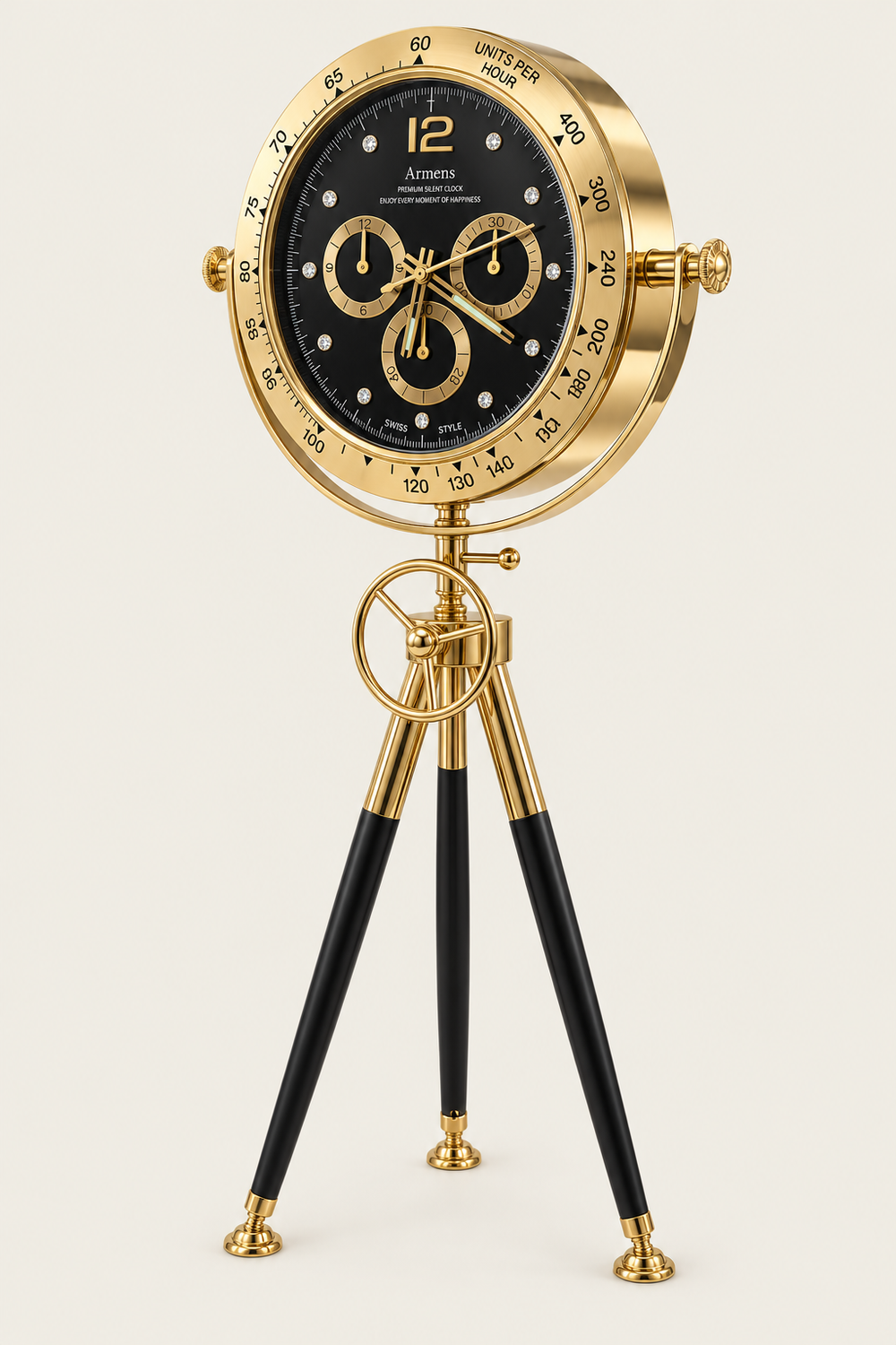 Tachymeter Black & Gold Luxury Tripod Floor Clock