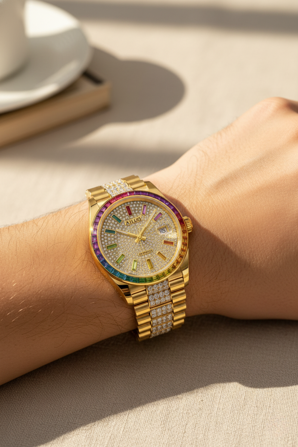 Aurora Luxe | Ailuo Gold Rainbow Diamond Automatic Watch