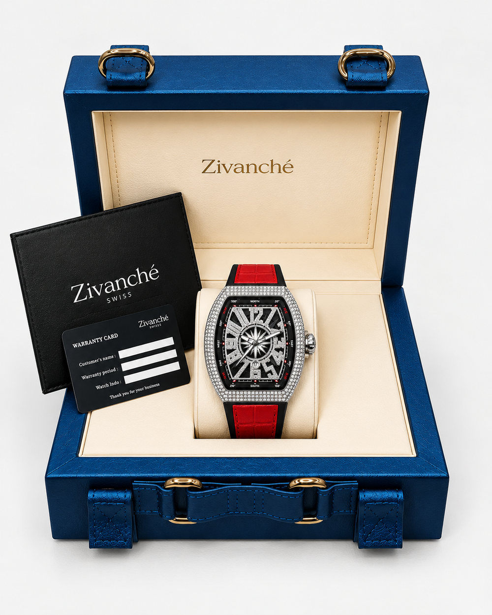 Luxury Men's Crystal Diamond Silver Red Leather Strap Watch