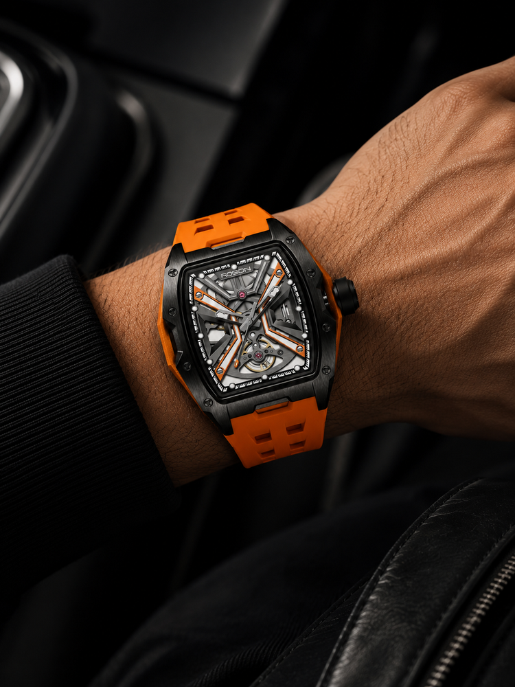 Luxury Orange G2710 Series High Quality Barrel Shape Silicone Band Automatic Mechanical ROSDN Watch