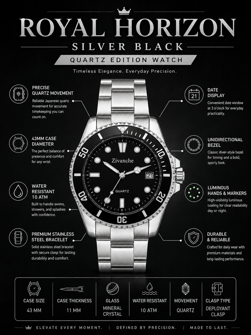 Royal Horizon Silver Black Quartz Edition Watch
