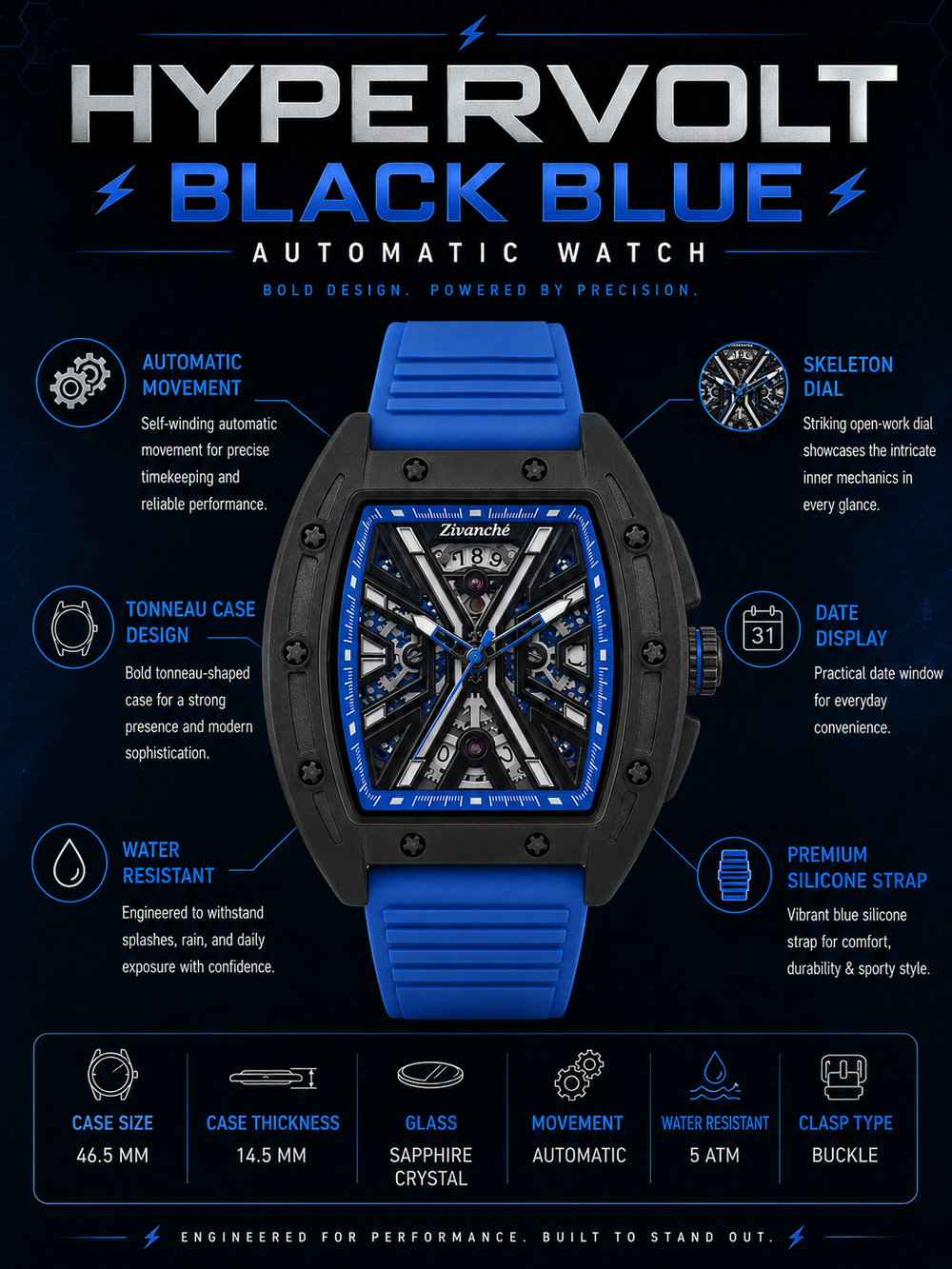 Hypervolt Black Blue Automatic Watch (44658704)
