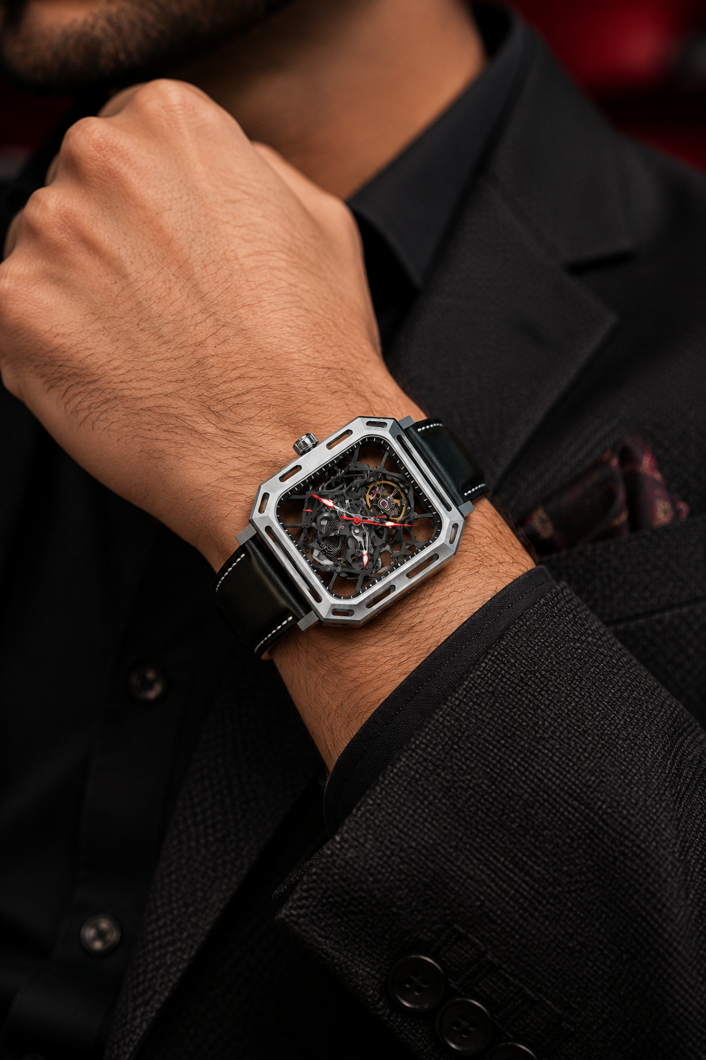 Men's Black Skeleton Square Automatic Mechanical Watch