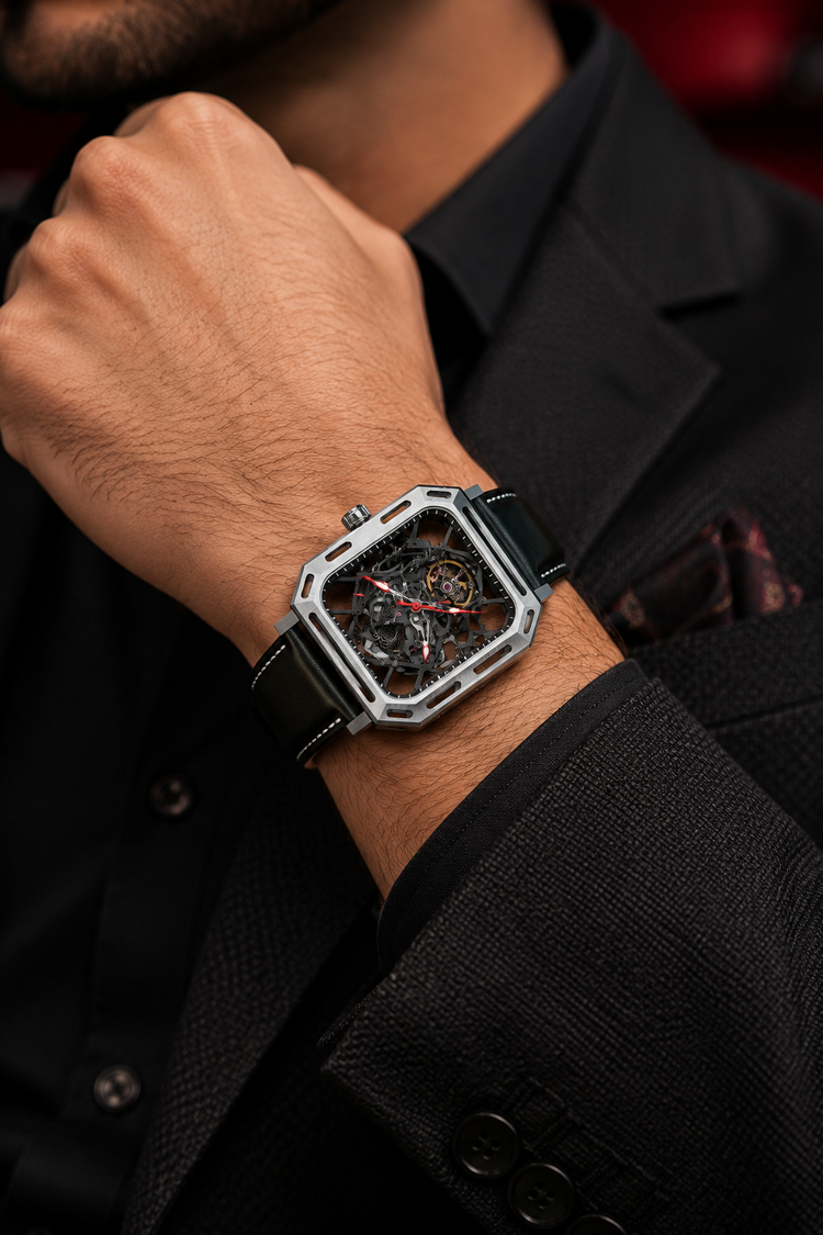 Men's Black Skeleton Square Automatic Mechanical Watch