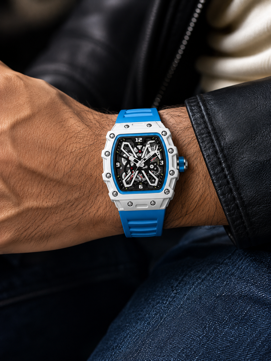 Hollow Dial Sky Blue & White Quartz Watch (44222622)